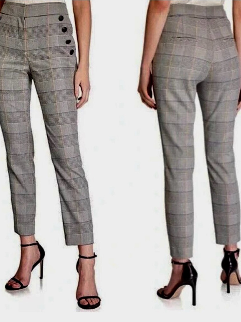 Veronica Beard High-Waist Plaid cropped Ankle Pants with Button Detail.